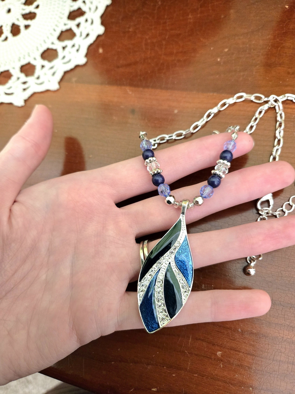 Silver Blue Teardrop Pendant Necklace with Beaded Chain